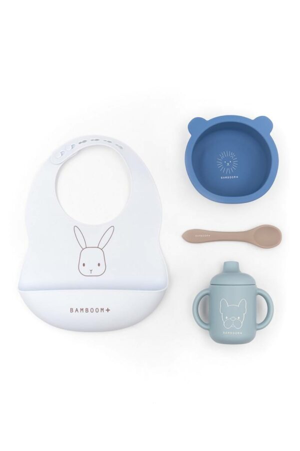 Set pappa silicone baby bavaglino + cucchiaio + bicchiere con beccuccio